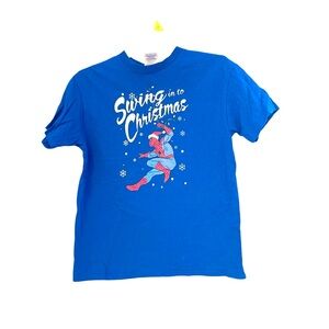 Spiderman Swing Into Christmas Royal Blue Youth XS Tshirt